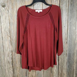 Loft S Women's Burgundy Rust Red Lace Trim Mixed Media‎ Blouse Top